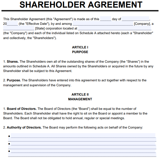 shareholder agreement sample 