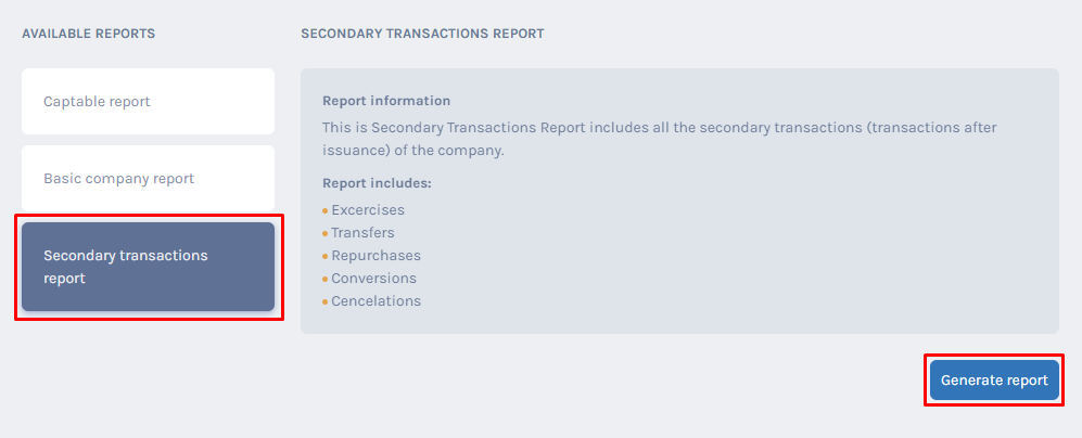 Secondary transaction report