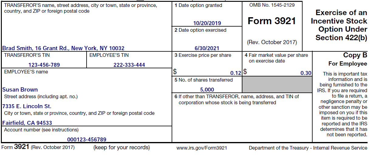 Sample of Form 3921