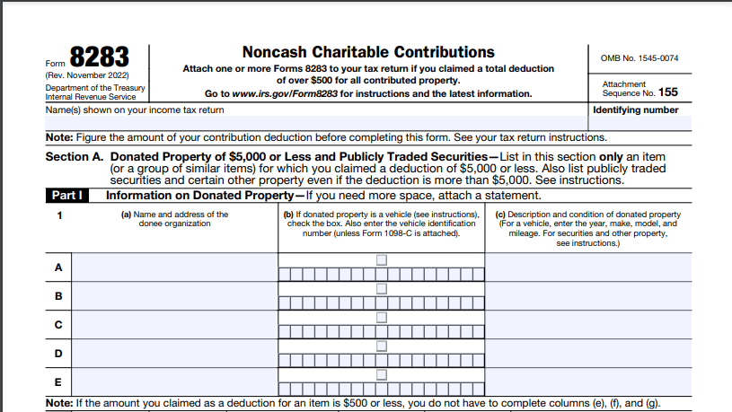 Form 8283 and Non cash Charitable Contribution