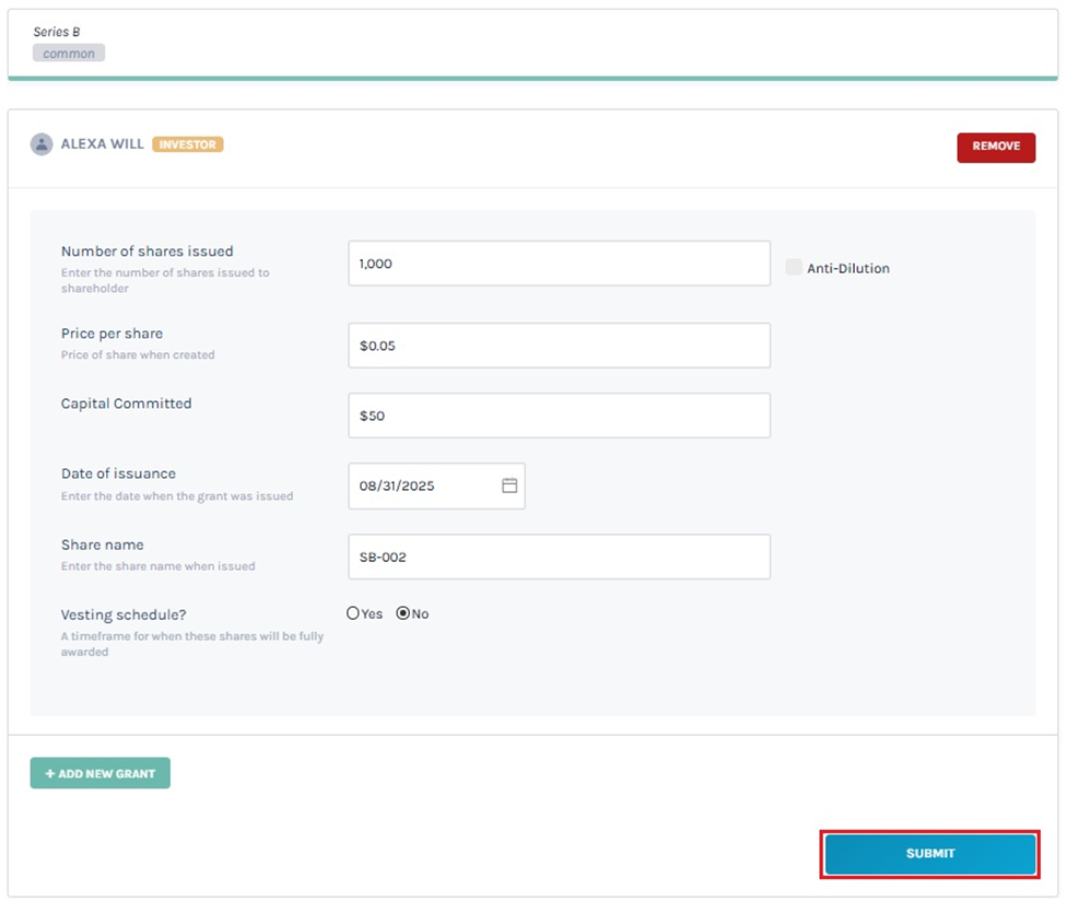 add the share issuance details