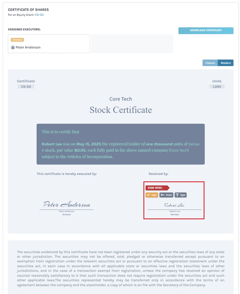 sign the stock certificate 