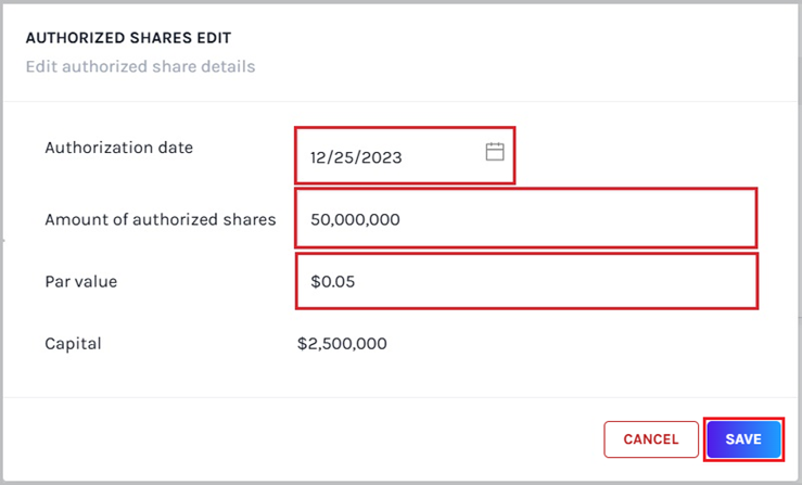 details of authorized shares