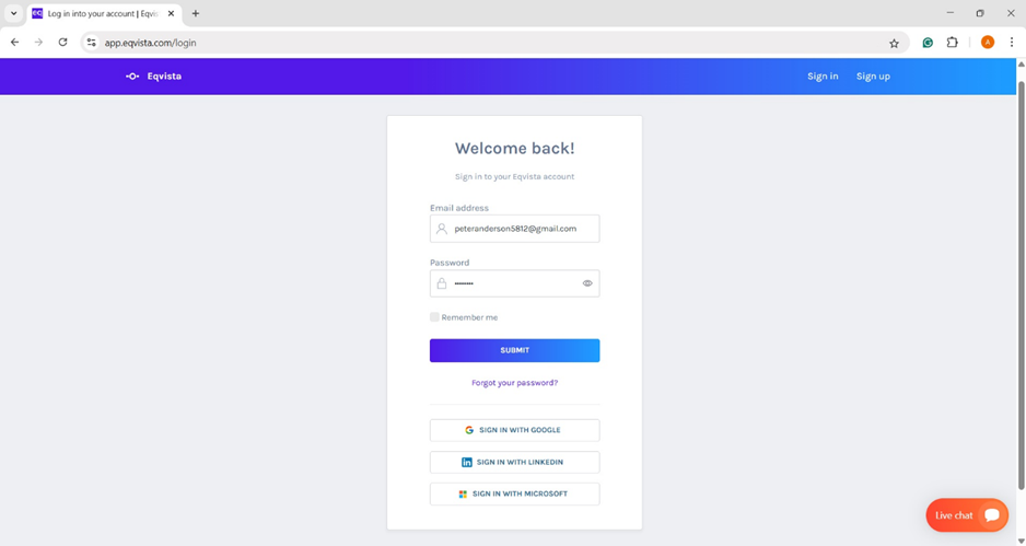 Log into your Eqvista account