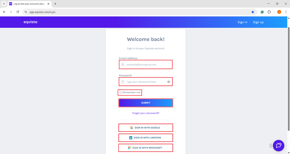 Eqvista login screen 