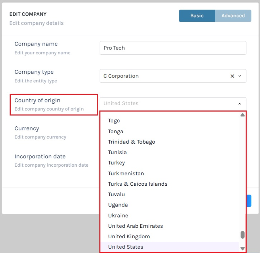 change the country your company is incorporated