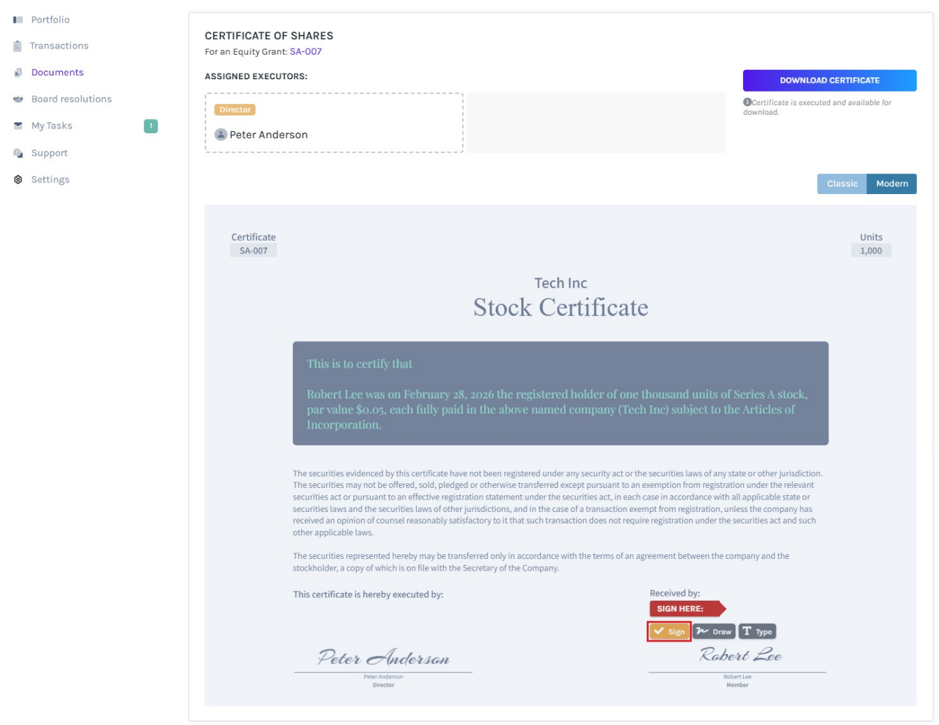 official electronic certificate and download it