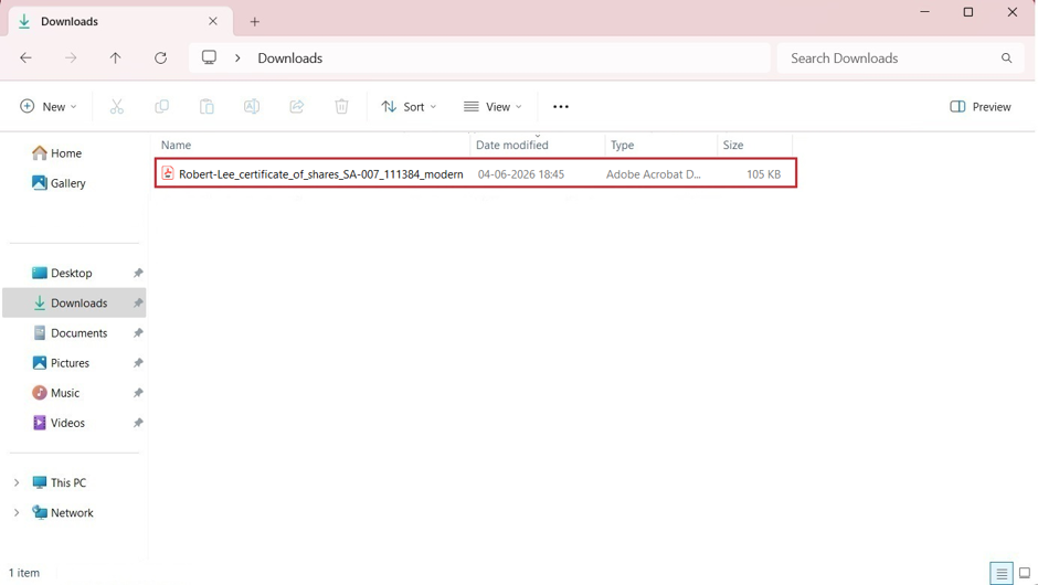 certificate has been saved in the Downloads