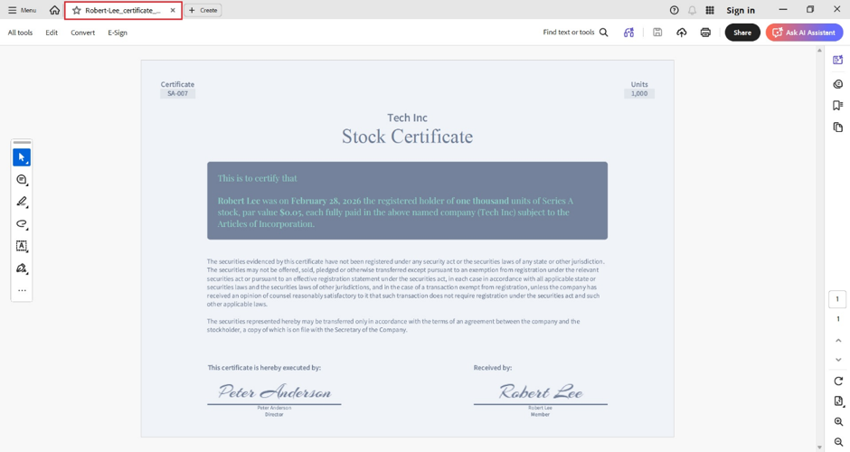 open the downloaded share certificate