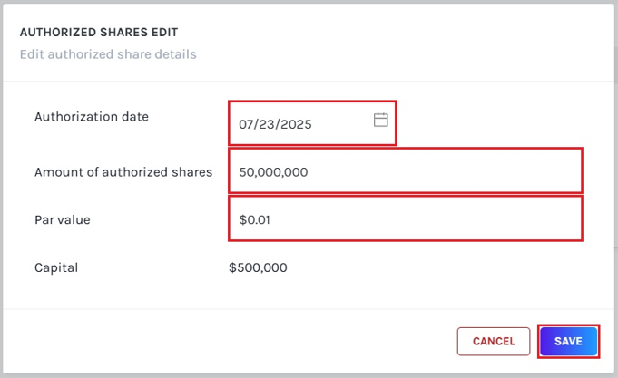 edit the details of authorized shares