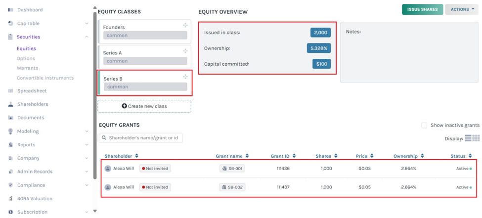 share issuances under the Series B equity class