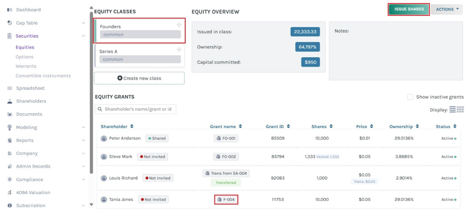 Founders equity class