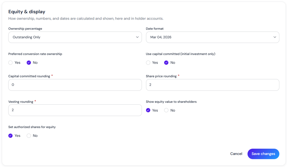 edit the equity settings