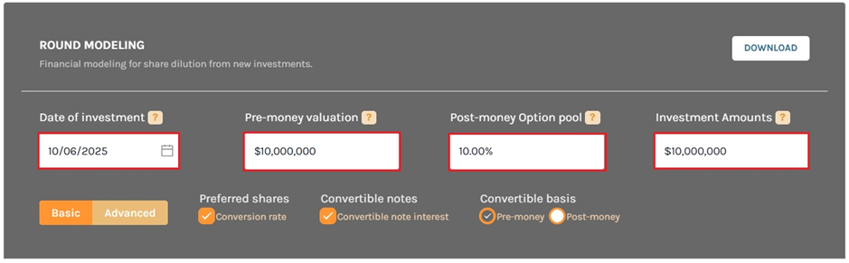 different financial scenarios for round modeling