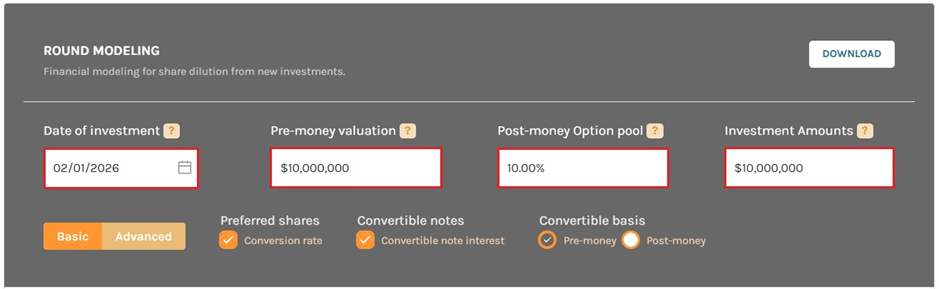 customize different financial scenarios for round modeling