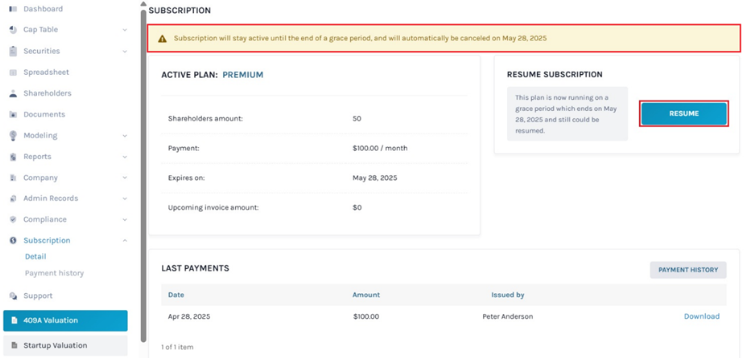 Resume subscription