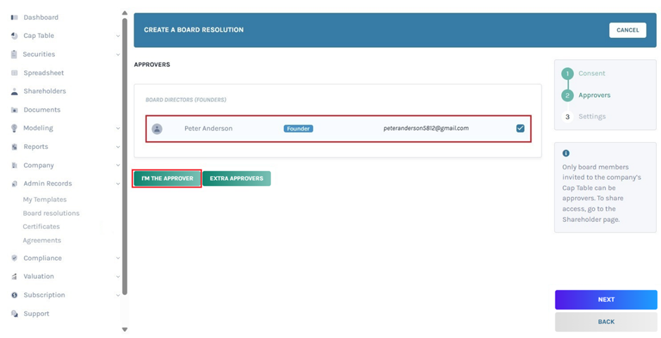 set up the approvers of the board resolution