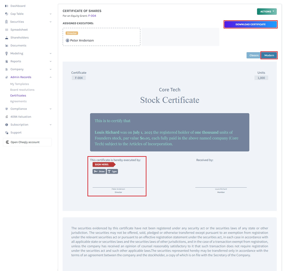 see the certificate and sign it