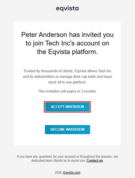 invitation sent to the shareholder for access to the cap table