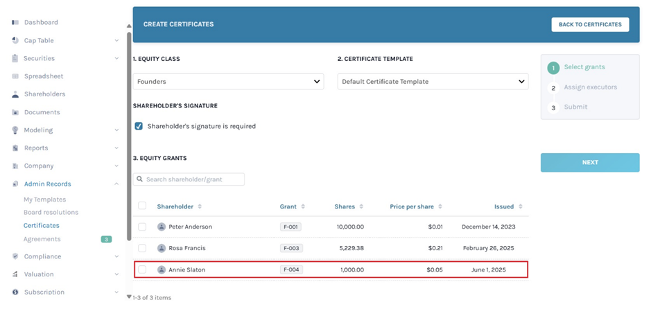 select the shareholder