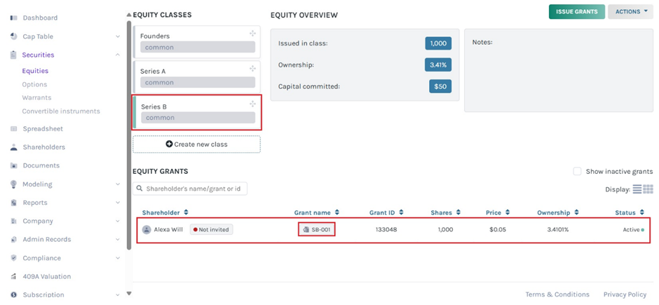 edit the grant/share information