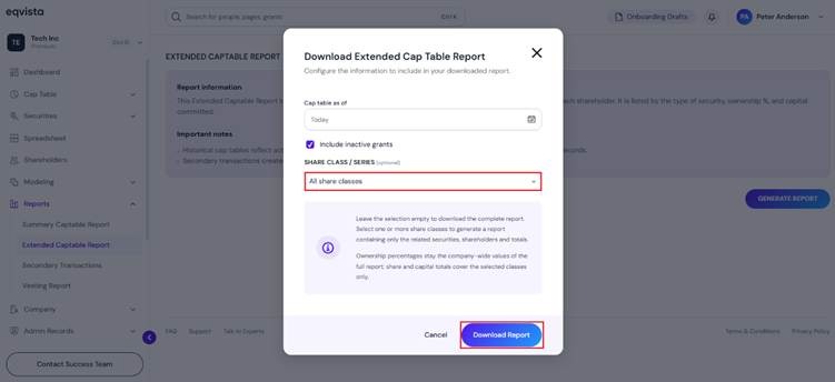 download extended cap table report