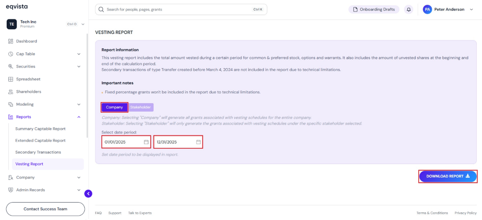 Vesting report