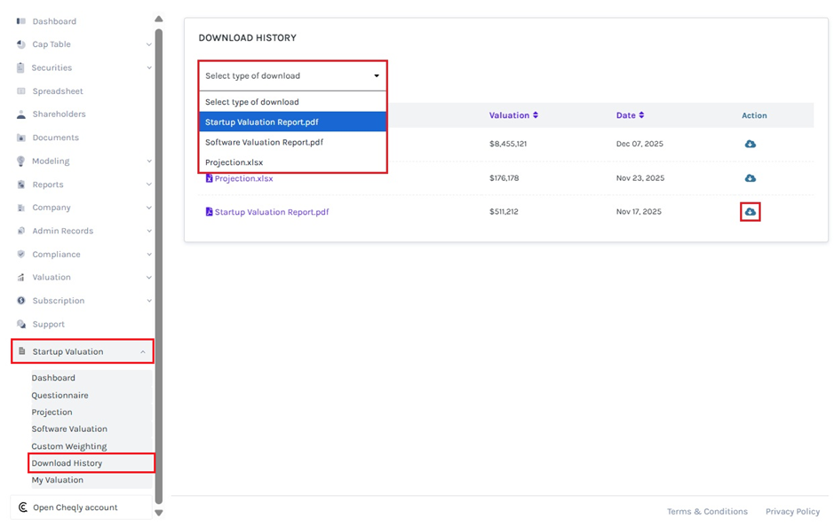 list of valuation reports downloaded in the past