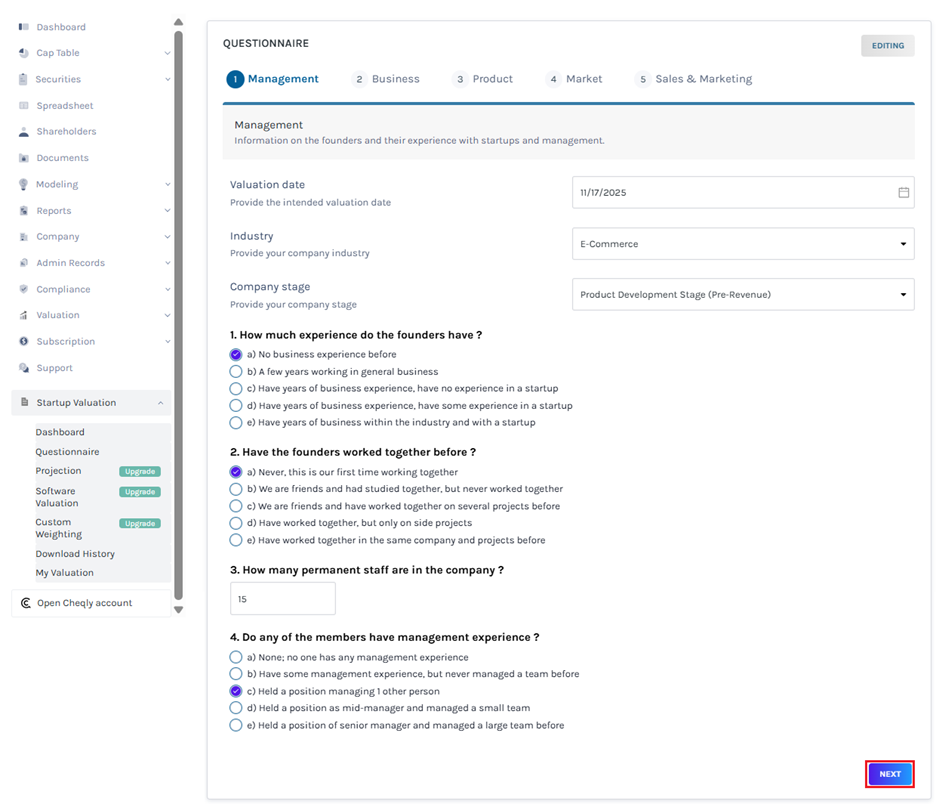 fill out the questionnaire related to the management