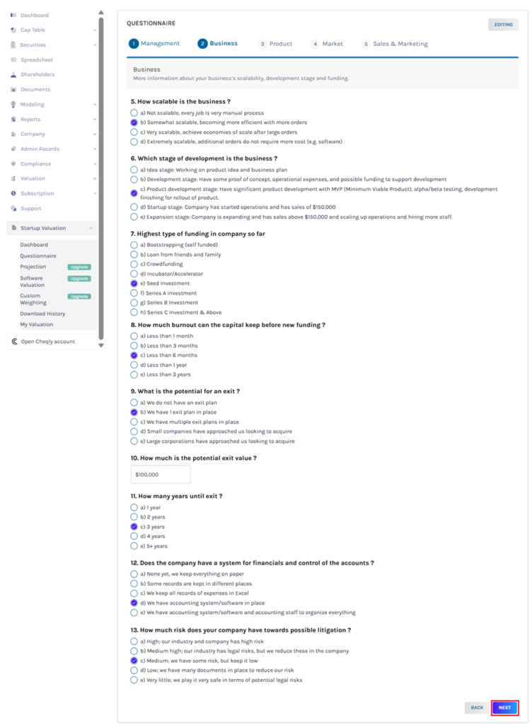 business section of the questionnaire