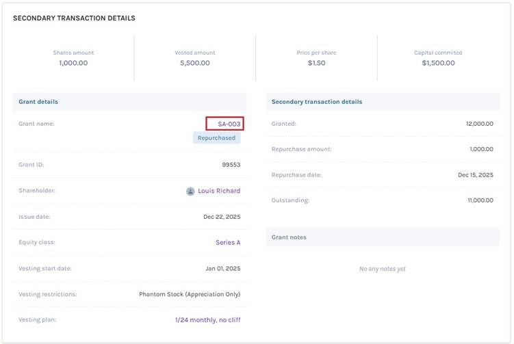secondary transaction details
