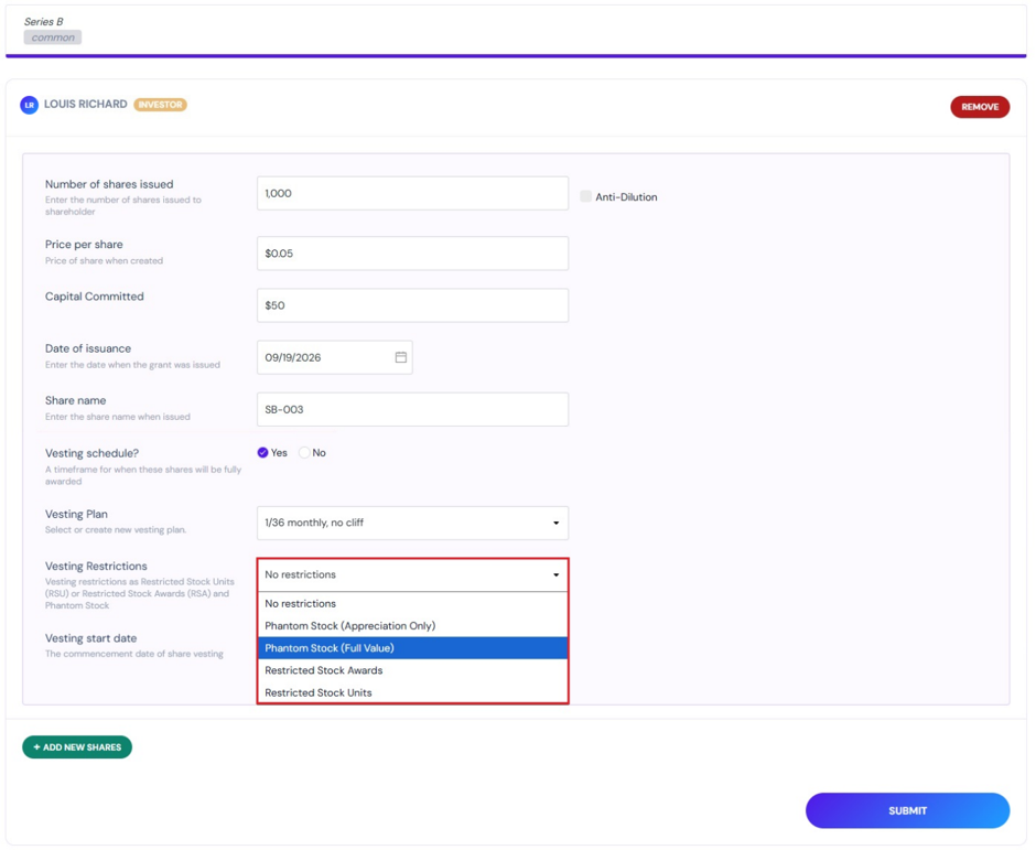 create a new Vesting plan