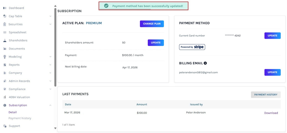 Payment method has been successfully updated