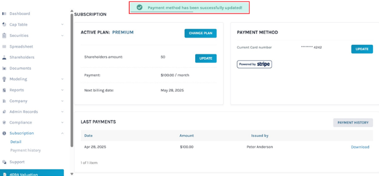 Payment method has been successfully updated