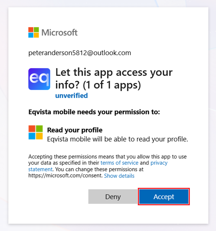 allow the Eqvista application to access your Microsoft account