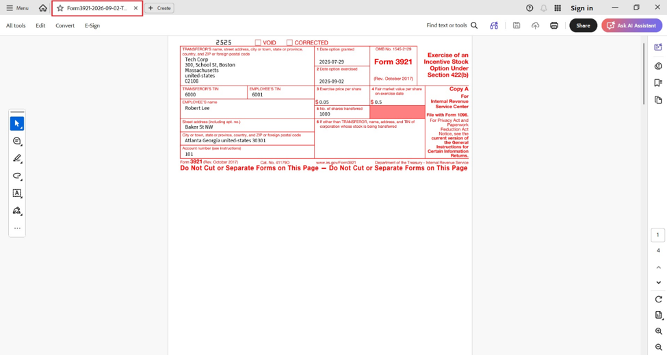 Form 3921 report