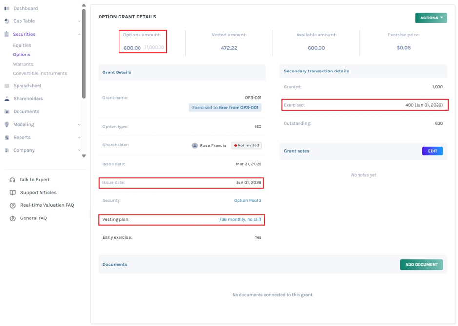 Options with Vesting Schedule and Proper Date but Partially Exercised