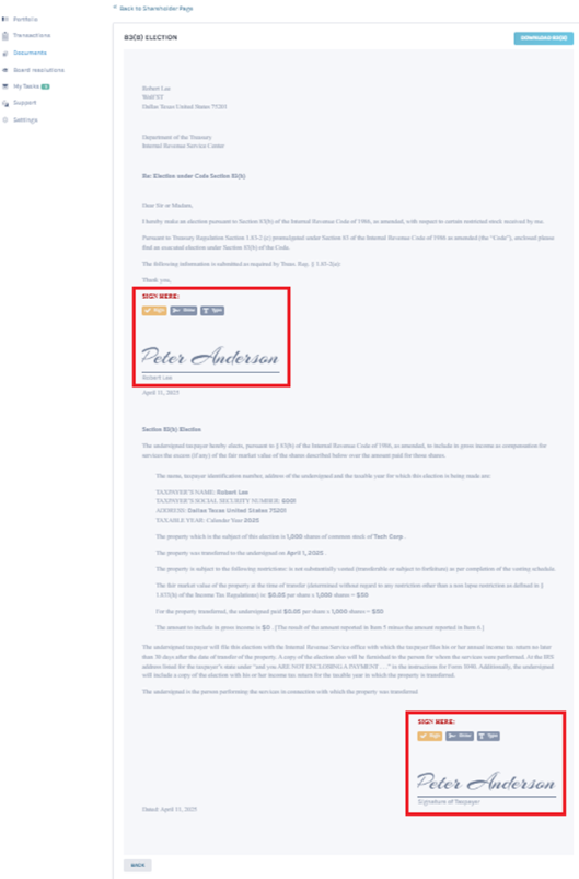 electronically sign the 83(B) Election