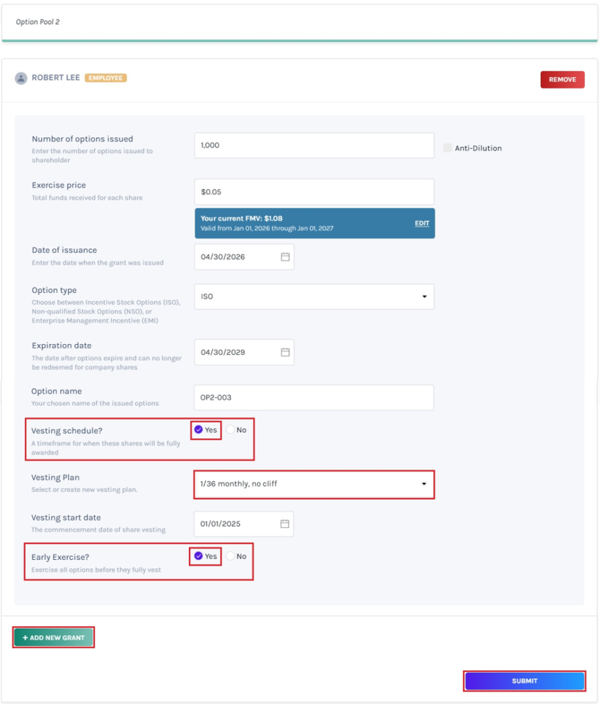 issue options from this option pool