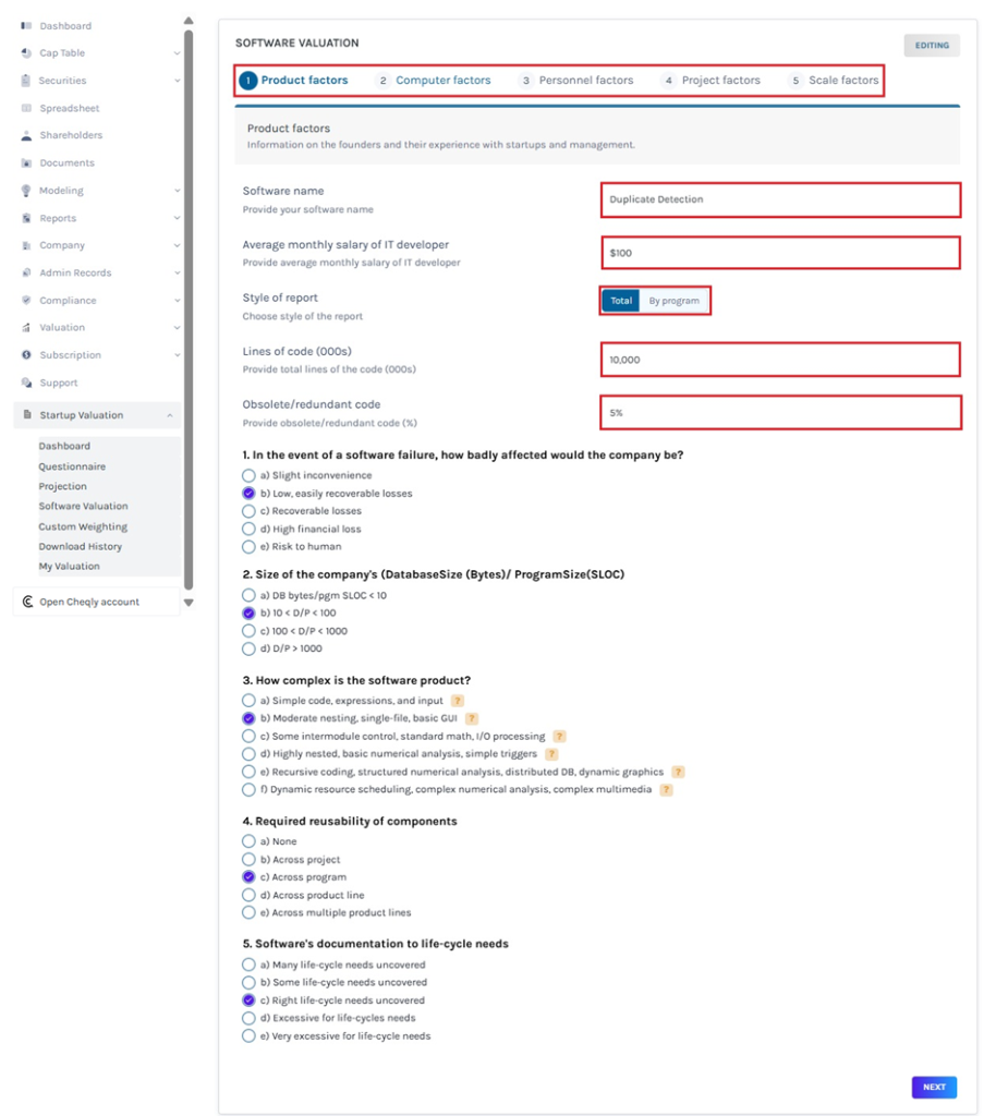 software valuation questionnaire 
