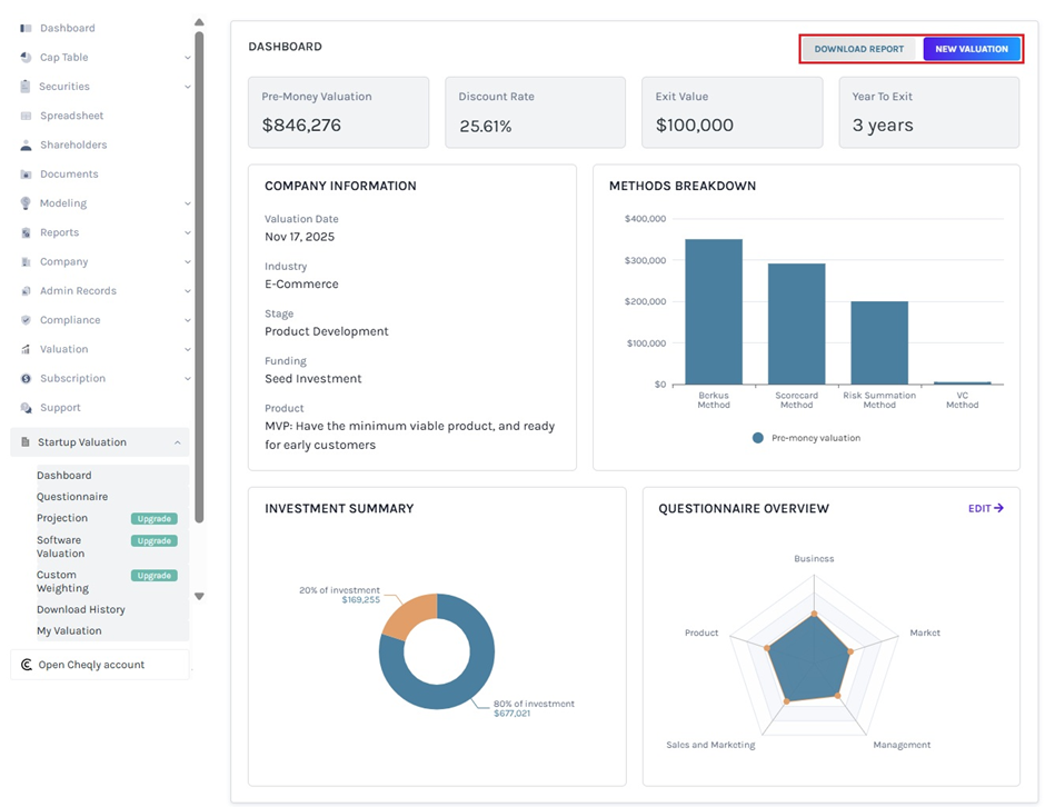 Valuation Dashboard For Basic Plan
