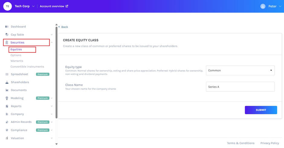 Equity class for common shares