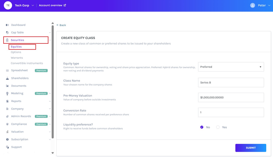 Equity class for preferred shares