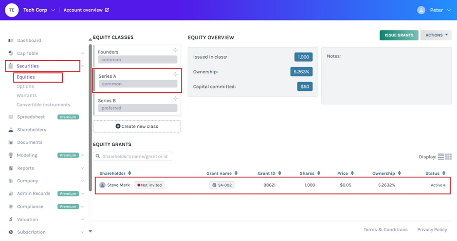 selecting the equity class