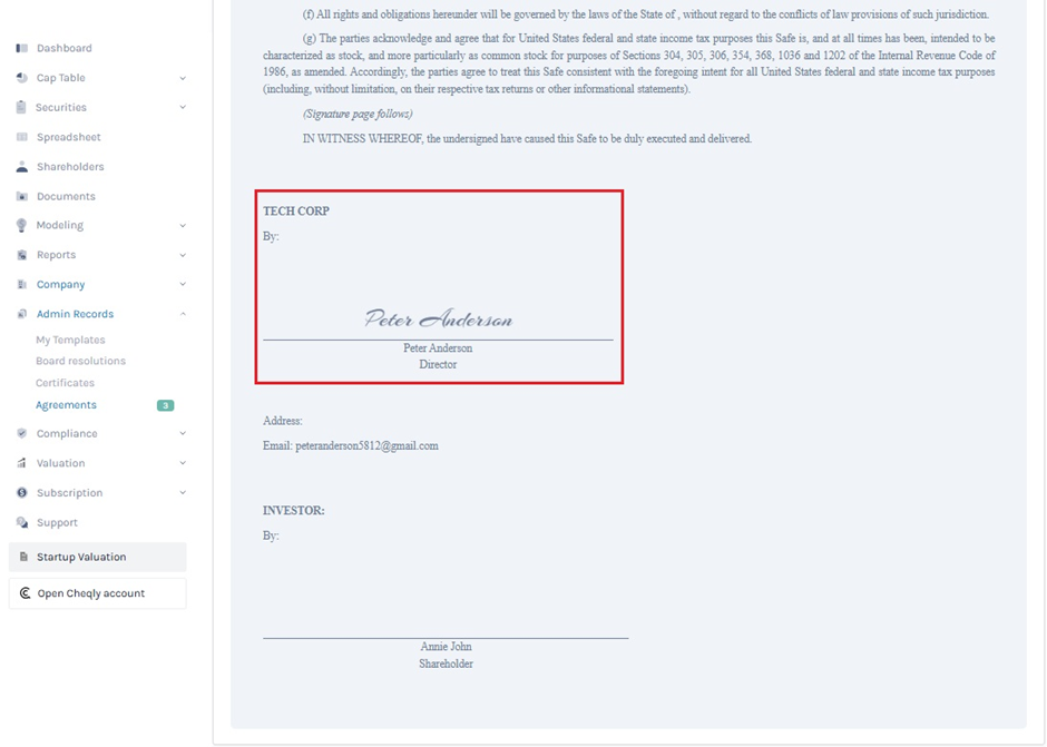 Signed agreement 