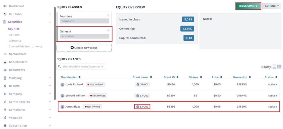 Series A equity class