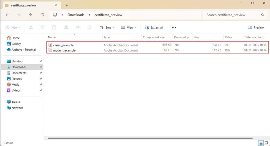downloaded certificate in PDF format