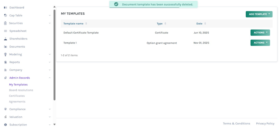 template will be removed from the list