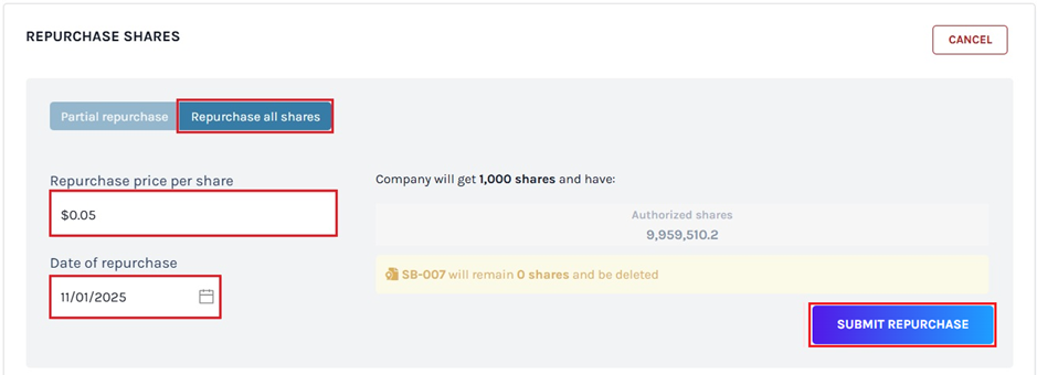  Repurchase all shares