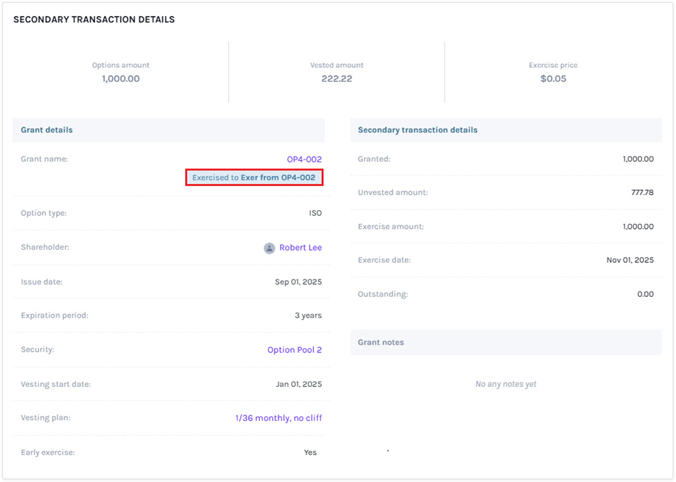 click on the grant name to view the exercised option